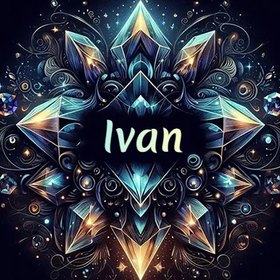 Obra de arte lujosa con cristales y piedras brillantes, nombre en el centro sobre fondo oscuro. - Ivan Obra de arte lujosa con cristales y piedras brillantes, nombre en el centro sobre fondo oscuro. - Ivan