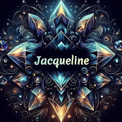 Obra de arte lujosa con cristales y piedras brillantes, nombre en el centro sobre fondo oscuro. - Jacqueline Obra de arte lujosa con cristales y piedras brillantes, nombre en el centro sobre fondo oscuro. - Jacqueline