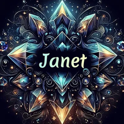 Formación geométrica compleja de cristales y diamantes dispuestos en forma de flor o estrella radiante, donde se entrelazan colores azules y dorados con toques de luz fascinantes y detalles artísticos precisos. El nombre Janet está escrito con tipografía fluida simple en el corazón del área negra en el centro del diseño de cristal.