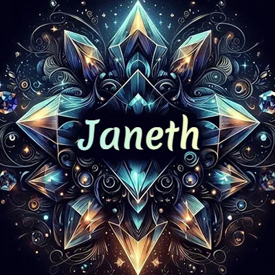 Obra de arte lujosa con cristales y piedras brillantes, nombre en el centro sobre fondo oscuro. - Janeth