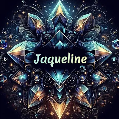 Obra de arte lujosa con cristales y piedras brillantes, nombre en el centro sobre fondo oscuro. - Jaqueline