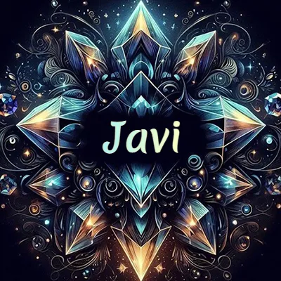 Obra de arte lujosa con cristales y piedras brillantes, nombre en el centro sobre fondo oscuro. - Javi