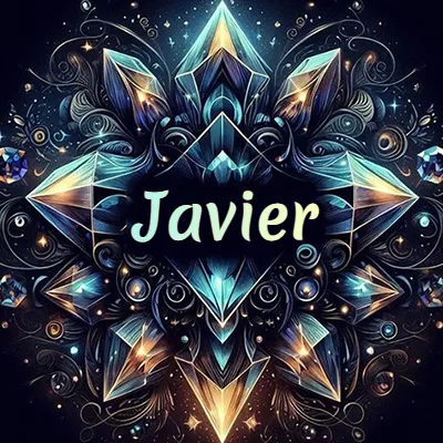 Obra de arte lujosa con cristales y piedras brillantes, nombre en el centro sobre fondo oscuro. - Javier