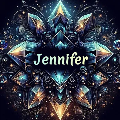Obra de arte lujosa con cristales y piedras brillantes, nombre en el centro sobre fondo oscuro. - Jennifer