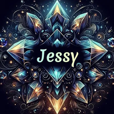 Obra de arte lujosa con cristales y piedras brillantes, nombre en el centro sobre fondo oscuro. - Jessy