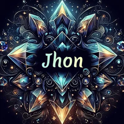 Obra de arte lujosa con cristales y piedras brillantes, nombre en el centro sobre fondo oscuro. - Jhon