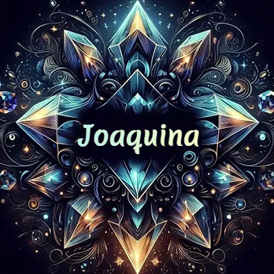 Obra de arte lujosa con cristales y piedras brillantes, nombre en el centro sobre fondo oscuro. - Joaquina