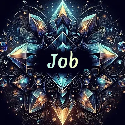 Obra de arte lujosa con cristales y piedras brillantes, nombre en el centro sobre fondo oscuro. - Job