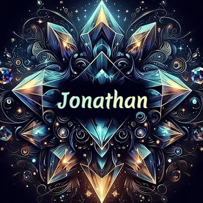 Obra de arte lujosa con cristales y piedras brillantes, nombre en el centro sobre fondo oscuro. - Jonathan