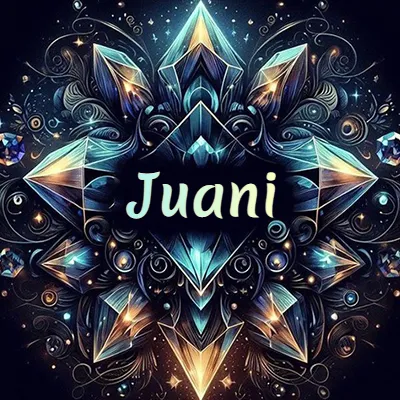 Obra de arte lujosa con cristales y piedras brillantes, nombre en el centro sobre fondo oscuro. - Juani Obra de arte lujosa con cristales y piedras brillantes, nombre en el centro sobre fondo oscuro. - Juani