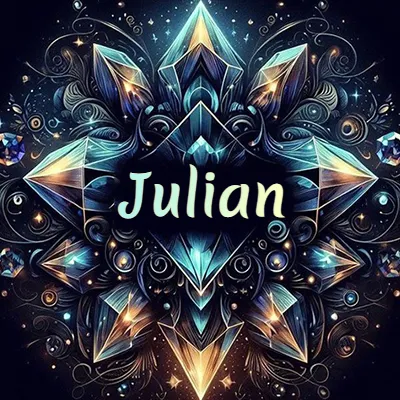 Formación geométrica compleja de cristales y diamantes dispuestos en forma de flor o estrella radiante, donde se entrelazan colores azules y dorados con toques de luz fascinantes y detalles artísticos precisos. El nombre Julian está escrito con tipografía fluida simple en el corazón del área negra en el centro del diseño de cristal.