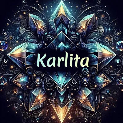 Obra de arte lujosa con cristales y piedras brillantes, nombre en el centro sobre fondo oscuro. - Karlita