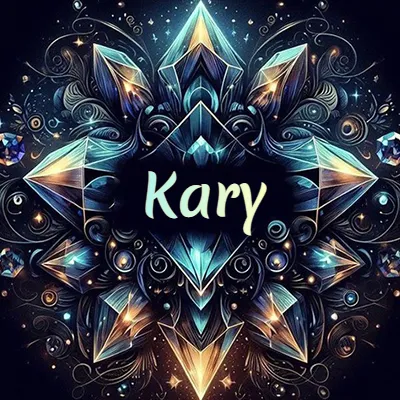 Obra de arte lujosa con cristales y piedras brillantes, nombre en el centro sobre fondo oscuro. - Kary