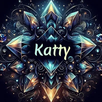 Obra de arte lujosa con cristales y piedras brillantes, nombre en el centro sobre fondo oscuro. - Katty