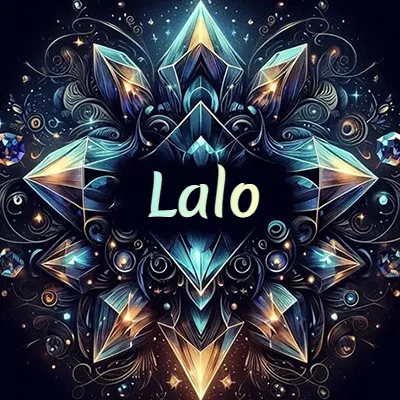 Obra de arte lujosa con cristales y piedras brillantes, nombre en el centro sobre fondo oscuro. - Lalo