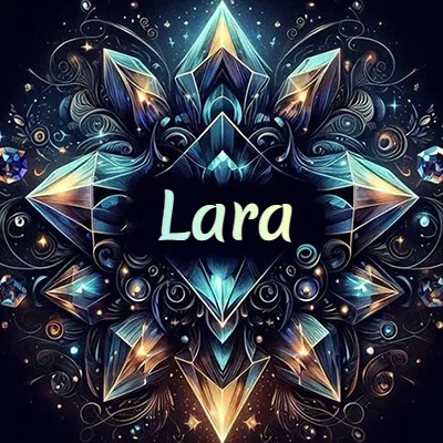 Obra de arte lujosa con cristales y piedras brillantes, nombre en el centro sobre fondo oscuro. - Lara