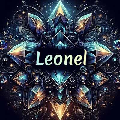 Obra de arte lujosa con cristales y piedras brillantes, nombre en el centro sobre fondo oscuro. - Leonel Obra de arte lujosa con cristales y piedras brillantes, nombre en el centro sobre fondo oscuro. - Leonel