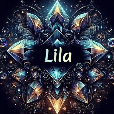 Obra de arte lujosa con cristales y piedras brillantes, nombre en el centro sobre fondo oscuro. - Lila