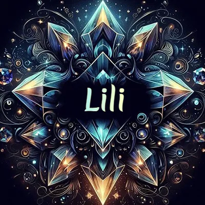 Formación geométrica compleja de cristales y diamantes dispuestos en forma de flor o estrella radiante, donde se entrelazan colores azules y dorados con toques de luz fascinantes y detalles artísticos precisos. El nombre Lili está escrito con tipografía fluida simple en el corazón del área negra en el centro del diseño de cristal.