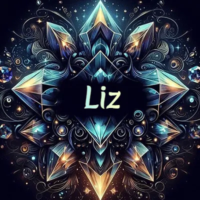 Formación geométrica compleja de cristales y diamantes dispuestos en forma de flor o estrella radiante, donde se entrelazan colores azules y dorados con toques de luz fascinantes y detalles artísticos precisos. El nombre Liz está escrito con tipografía fluida simple en el corazón del área negra en el centro del diseño de cristal.