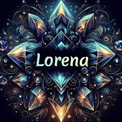 Obra de arte lujosa con cristales y piedras brillantes, nombre en el centro sobre fondo oscuro. - Lorena