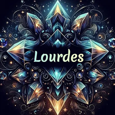 Obra de arte lujosa con cristales y piedras brillantes, nombre en el centro sobre fondo oscuro. - Lourdes