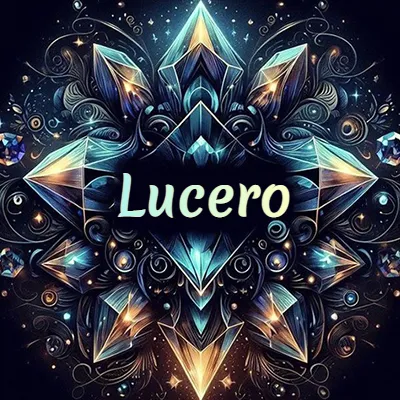 Obra de arte lujosa con cristales y piedras brillantes, nombre en el centro sobre fondo oscuro. - Lucero