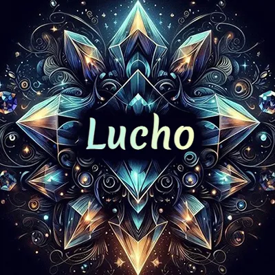 Obra de arte lujosa con cristales y piedras brillantes, nombre en el centro sobre fondo oscuro. - Lucho