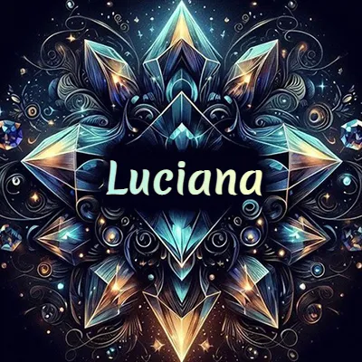 Obra de arte lujosa con cristales y piedras brillantes, nombre en el centro sobre fondo oscuro. - Luciana