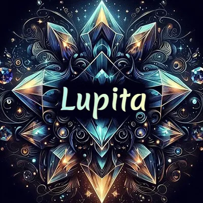 Obra de arte lujosa con cristales y piedras brillantes, nombre en el centro sobre fondo oscuro. - Lupita