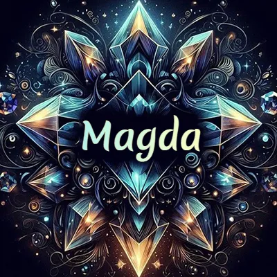 Obra de arte lujosa con cristales y piedras brillantes, nombre en el centro sobre fondo oscuro. - Magda