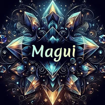 Obra de arte lujosa con cristales y piedras brillantes, nombre en el centro sobre fondo oscuro. - Magui