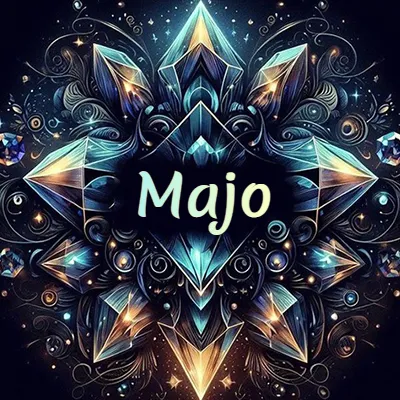 Obra de arte lujosa con cristales y piedras brillantes, nombre en el centro sobre fondo oscuro. - Majo