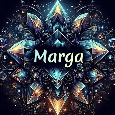 Formación geométrica compleja de cristales y diamantes dispuestos en forma de flor o estrella radiante, donde se entrelazan colores azules y dorados con toques de luz fascinantes y detalles artísticos precisos. El nombre Marga está escrito con tipografía fluida simple en el corazón del área negra en el centro del diseño de cristal.