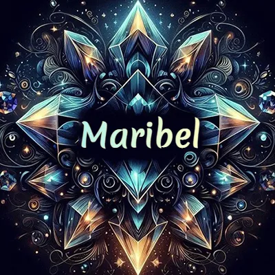 Obra de arte lujosa con cristales y piedras brillantes, nombre en el centro sobre fondo oscuro. - Maribel