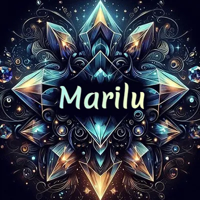 Obra de arte lujosa con cristales y piedras brillantes, nombre en el centro sobre fondo oscuro. - Marilu