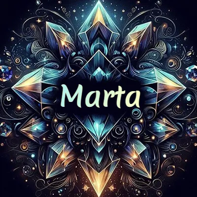 Obra de arte lujosa con cristales y piedras brillantes, nombre en el centro sobre fondo oscuro. - Marta