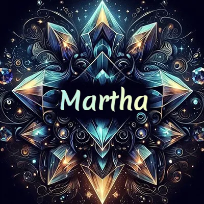 Obra de arte lujosa con cristales y piedras brillantes, nombre en el centro sobre fondo oscuro. - Martha