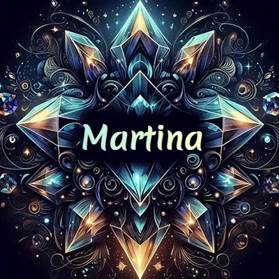 Obra de arte lujosa con cristales y piedras brillantes, nombre en el centro sobre fondo oscuro. - Martina