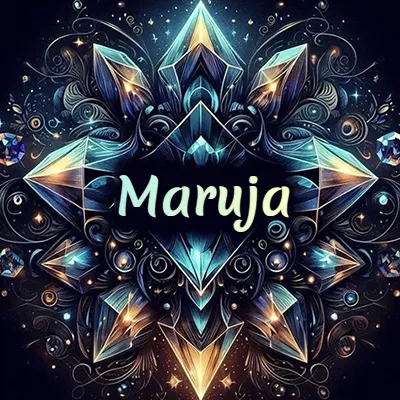 Obra de arte lujosa con cristales y piedras brillantes, nombre en el centro sobre fondo oscuro. - Maruja