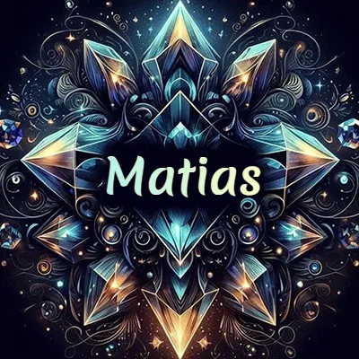 Obra de arte lujosa con cristales y piedras brillantes, nombre en el centro sobre fondo oscuro. - Matias