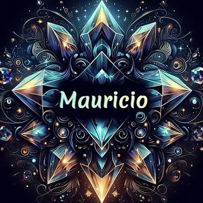 Obra de arte lujosa con cristales y piedras brillantes, nombre en el centro sobre fondo oscuro. - Mauricio