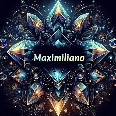 Obra de arte lujosa con cristales y piedras brillantes, nombre en el centro sobre fondo oscuro. - Maximiliano