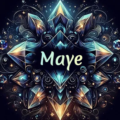 Obra de arte lujosa con cristales y piedras brillantes, nombre en el centro sobre fondo oscuro. - Maye