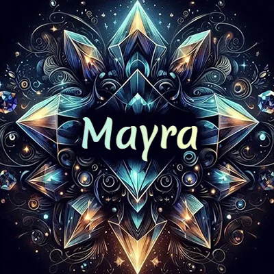 Obra de arte lujosa con cristales y piedras brillantes, nombre en el centro sobre fondo oscuro. - Mayra