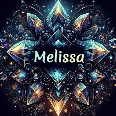 Obra de arte lujosa con cristales y piedras brillantes, nombre en el centro sobre fondo oscuro. - Melissa