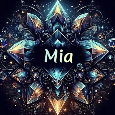 Obra de arte lujosa con cristales y piedras brillantes, nombre en el centro sobre fondo oscuro. - Mia