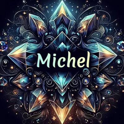 Obra de arte lujosa con cristales y piedras brillantes, nombre en el centro sobre fondo oscuro. - Michel