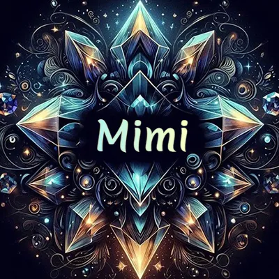 Obra de arte lujosa con cristales y piedras brillantes, nombre en el centro sobre fondo oscuro. - Mimi