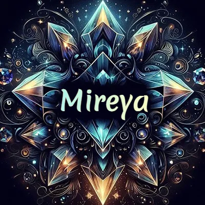 Obra de arte lujosa con cristales y piedras brillantes, nombre en el centro sobre fondo oscuro. - Mireya